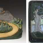 "This Car Climbed Mount Washington" and "Sunset Tile" by Carolyn Judson; ceramic