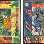"Busy Bees" and "Watchful" by Nancy Marstaller; fiber collages