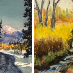 "Winter Road" and "Trickling Stream" by Barbara Snapp; soft pastel, ~9"x12"