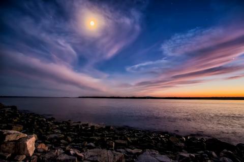 Moonrise and Sunset over Dyer Bay, by Craig Snapp
